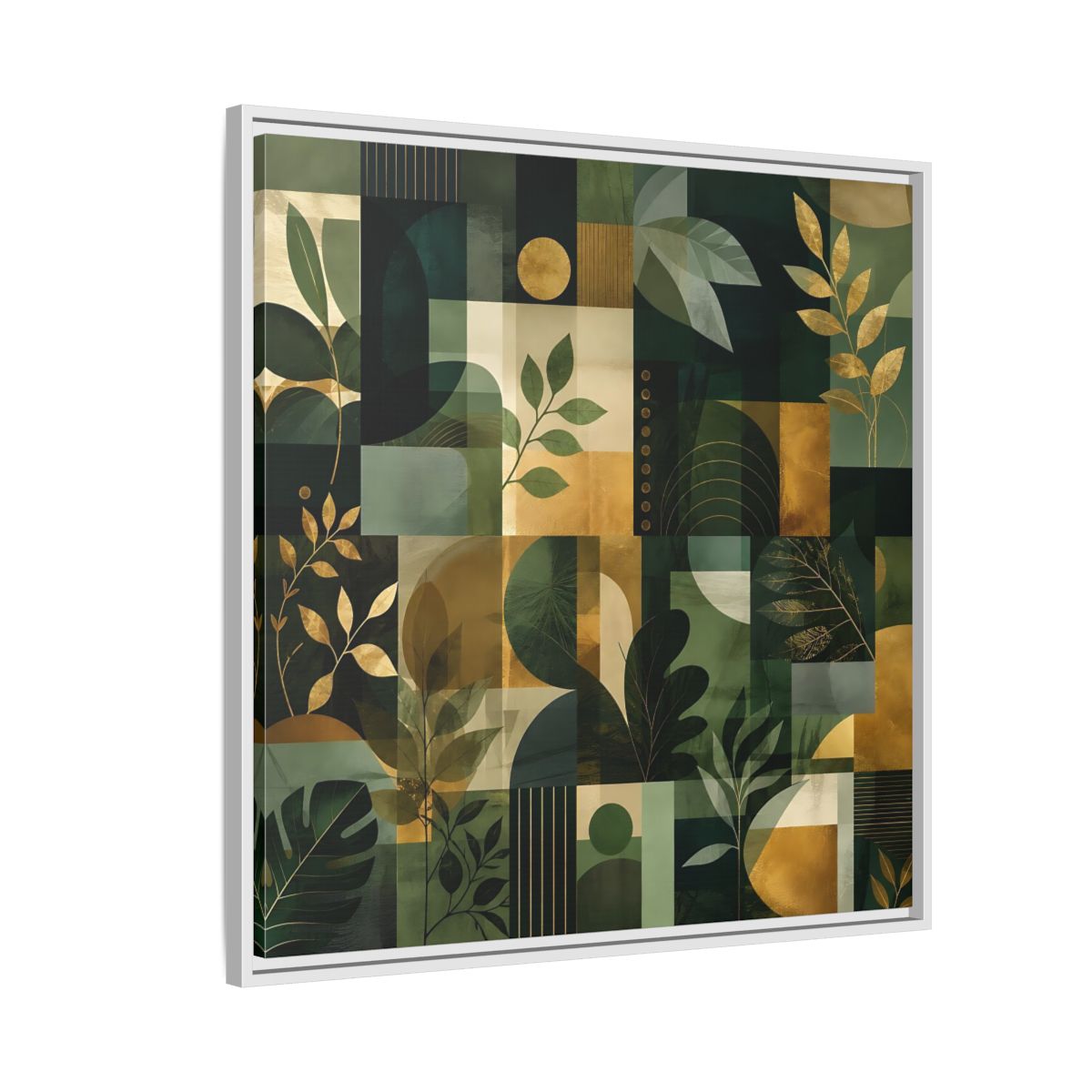 Side Mockup 7. Nature Botanical Leaves Green Gold Abstract shown as stretched canvas wall art