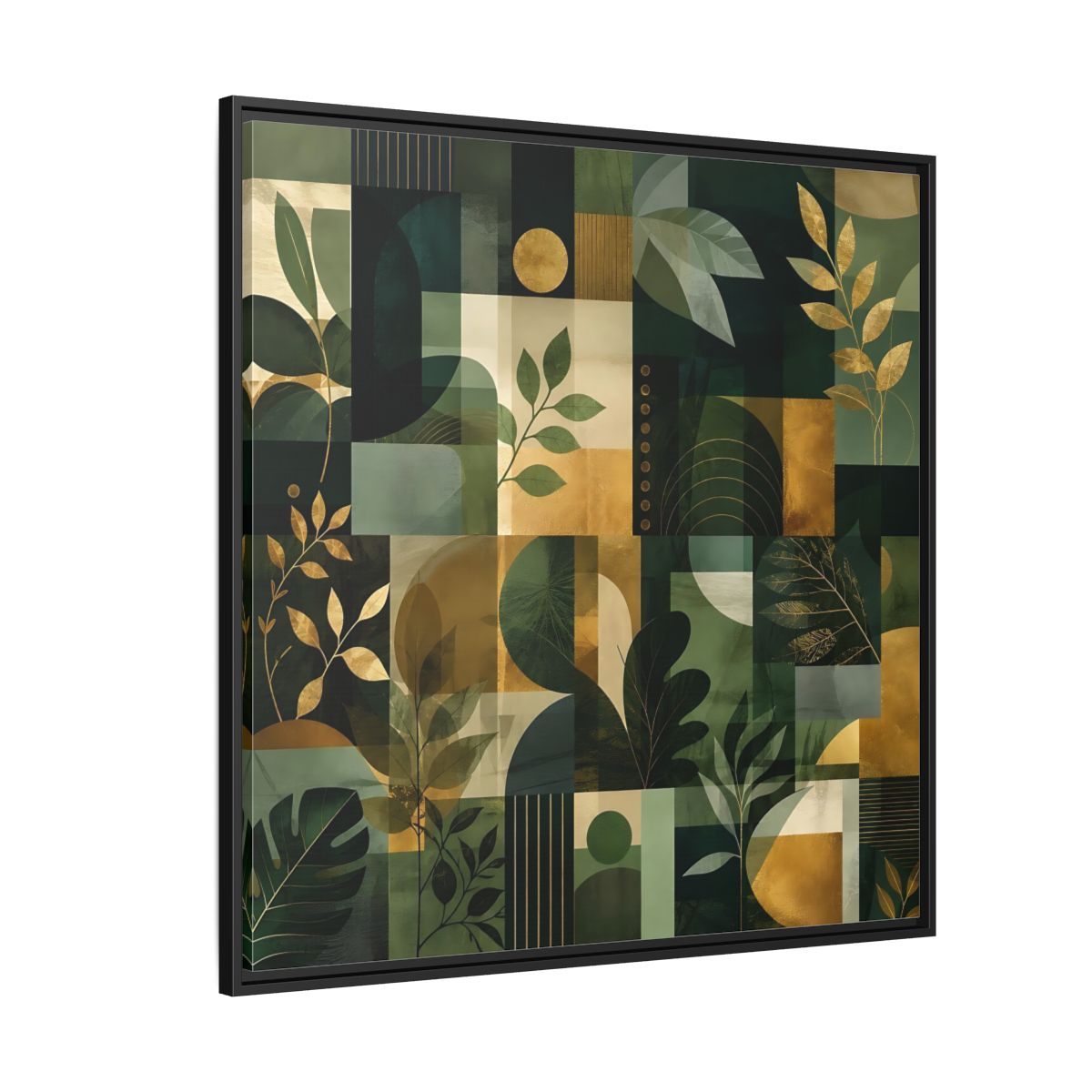 Side Mockup 6. Nature Botanical Leaves Green Gold Abstract shown as stretched canvas wall art