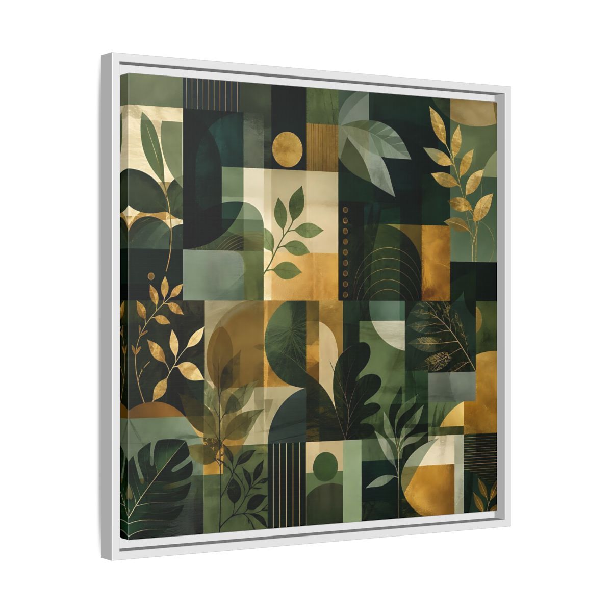 Side Mockup 26. Nature Botanical Leaves Green Gold Abstract shown as stretched canvas wall art