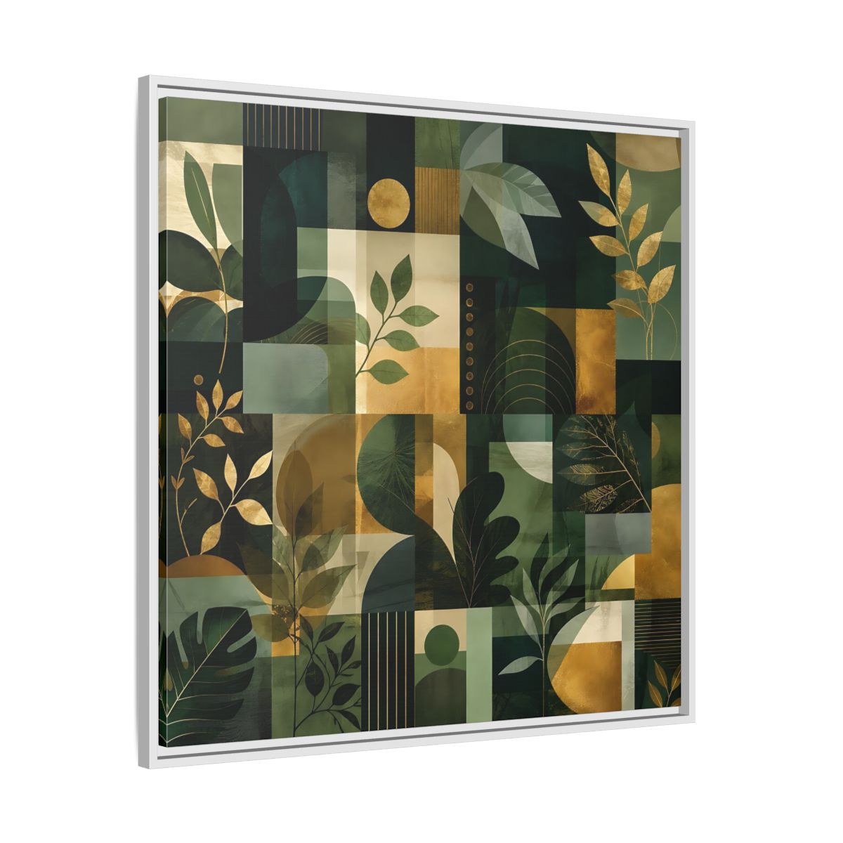 Side Mockup 25. Nature Botanical Leaves Green Gold Abstract shown as stretched canvas wall art