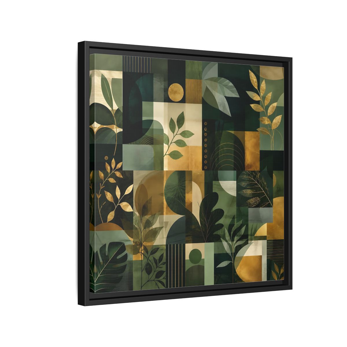 Side Mockup 12. Nature Botanical Leaves Green Gold Abstract shown as stretched canvas wall art