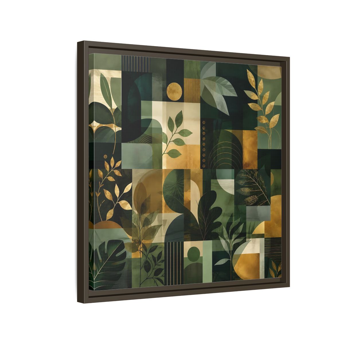 Side Mockup 11. Nature Botanical Leaves Green Gold Abstract shown as stretched canvas wall art