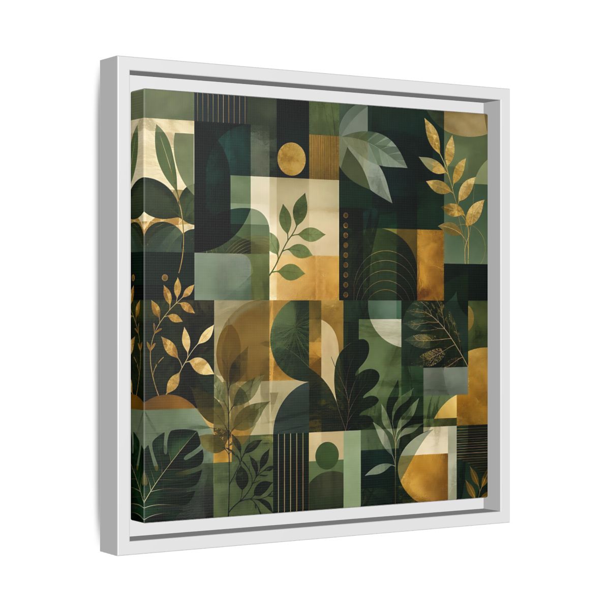Side Mockup 28. Nature Botanical Leaves Green Gold Abstract shown as stretched canvas wall art