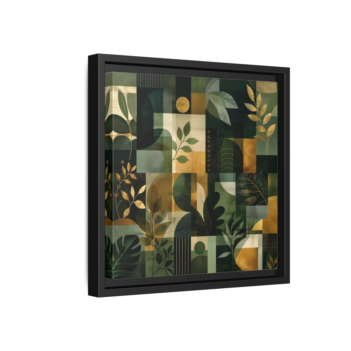 Side Mockup 18. Nature Botanical Leaves Green Gold Abstract shown as stretched canvas wall art
