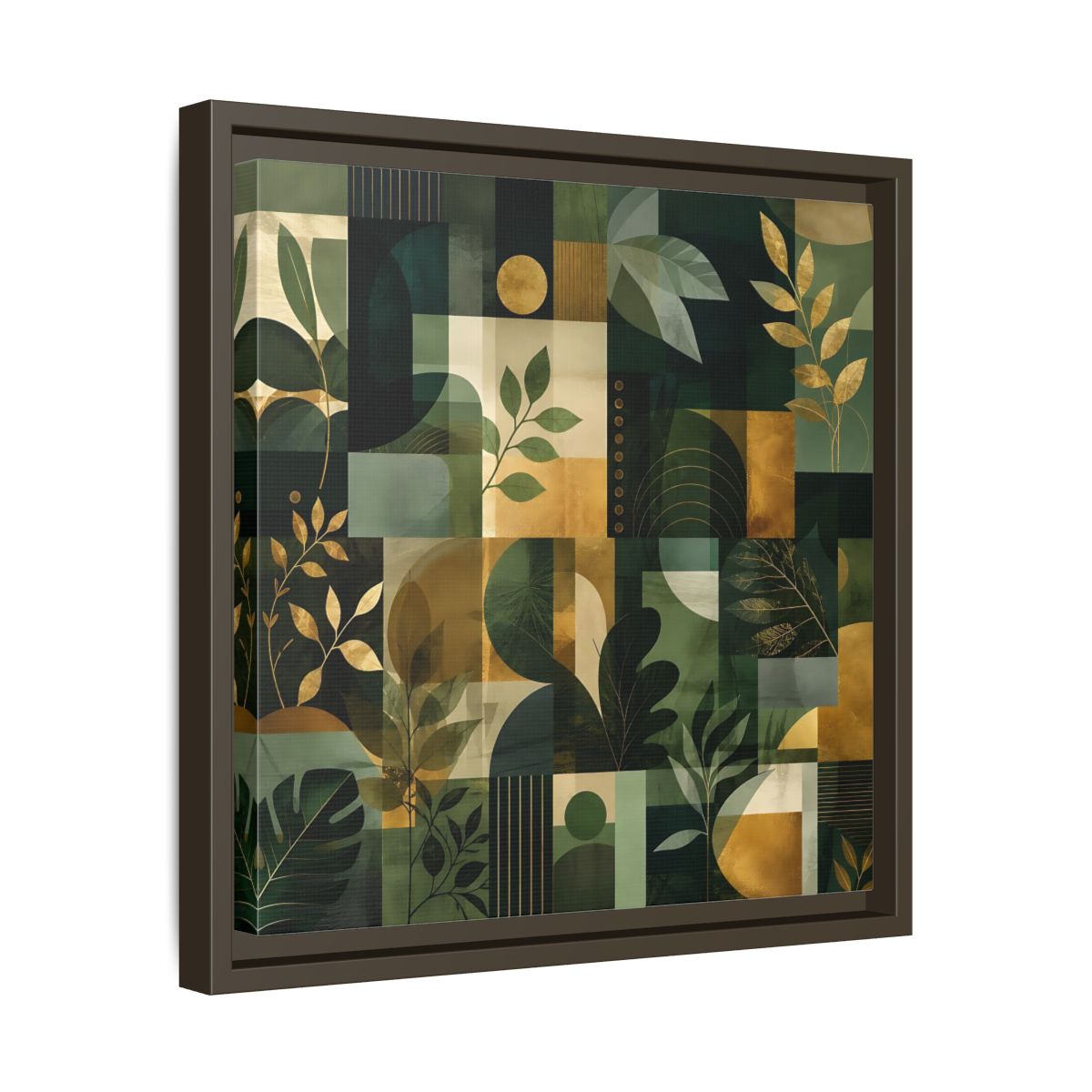 Side Mockup 29. Nature Botanical Leaves Green Gold Abstract shown as stretched canvas wall art
