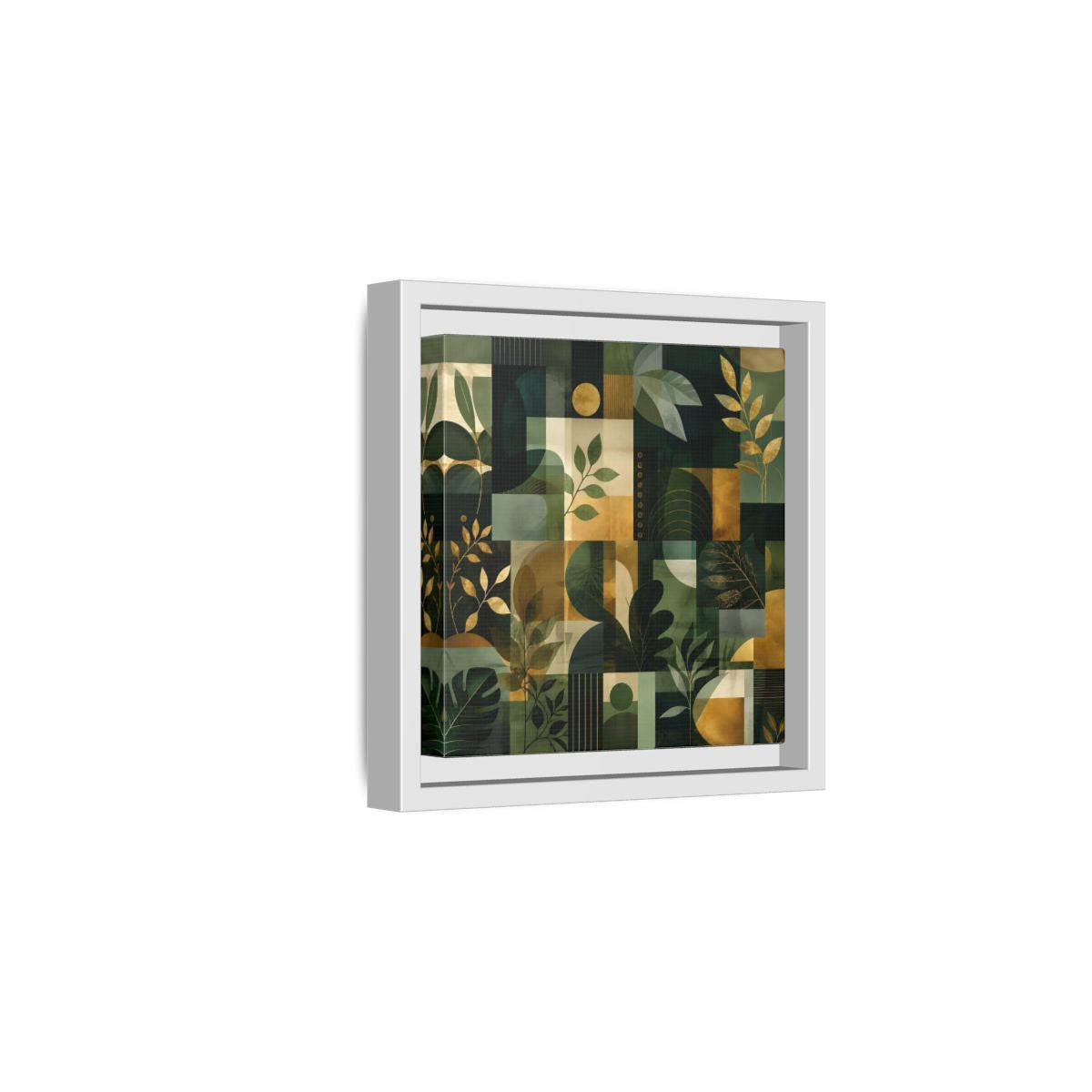 Side Mockup 1. Nature Botanical Leaves Green Gold Abstract shown as stretched canvas wall art