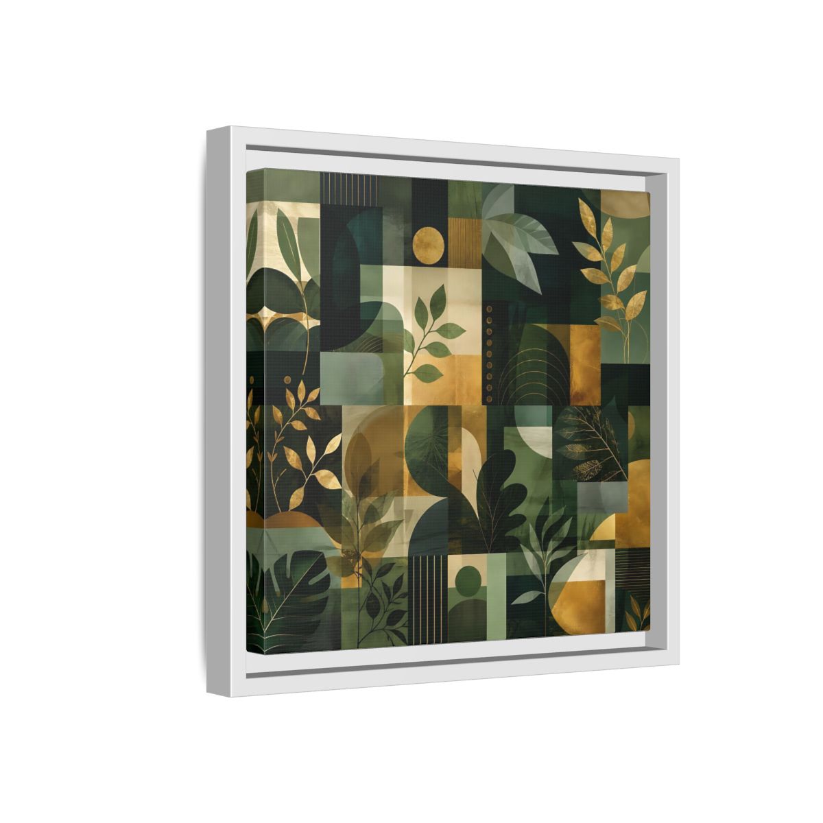 Side Mockup 16. Nature Botanical Leaves Green Gold Abstract shown as stretched canvas wall art