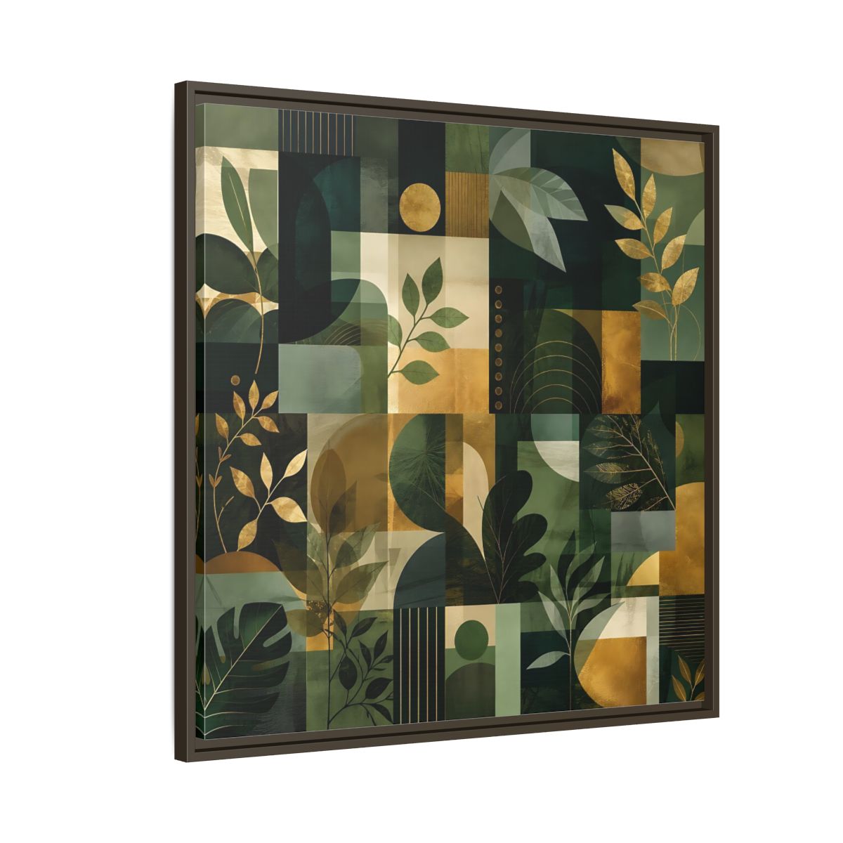 Side Mockup 8. Nature Botanical Leaves Green Gold Abstract shown as stretched canvas wall art