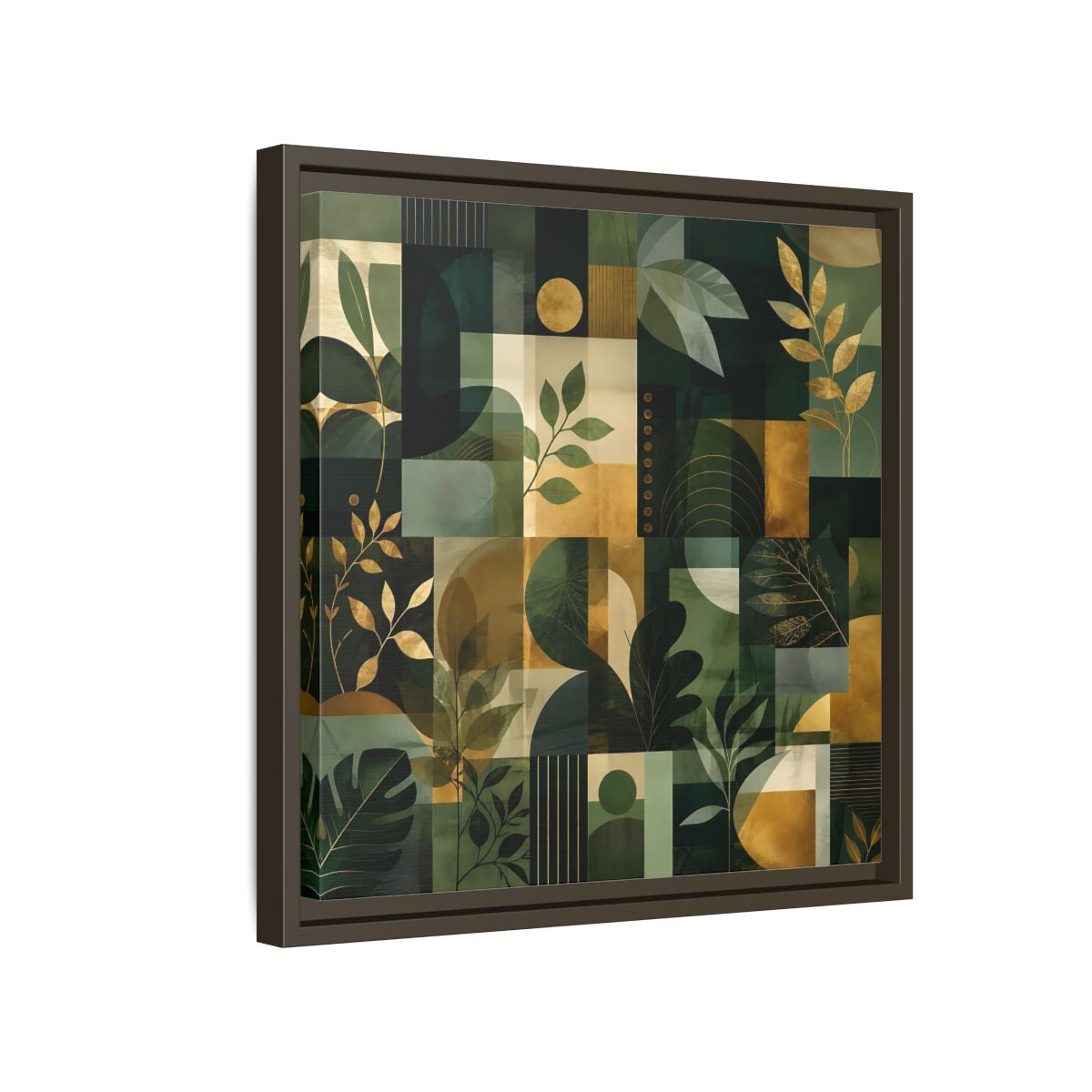 Side Mockup 14. Nature Botanical Leaves Green Gold Abstract shown as stretched canvas wall art