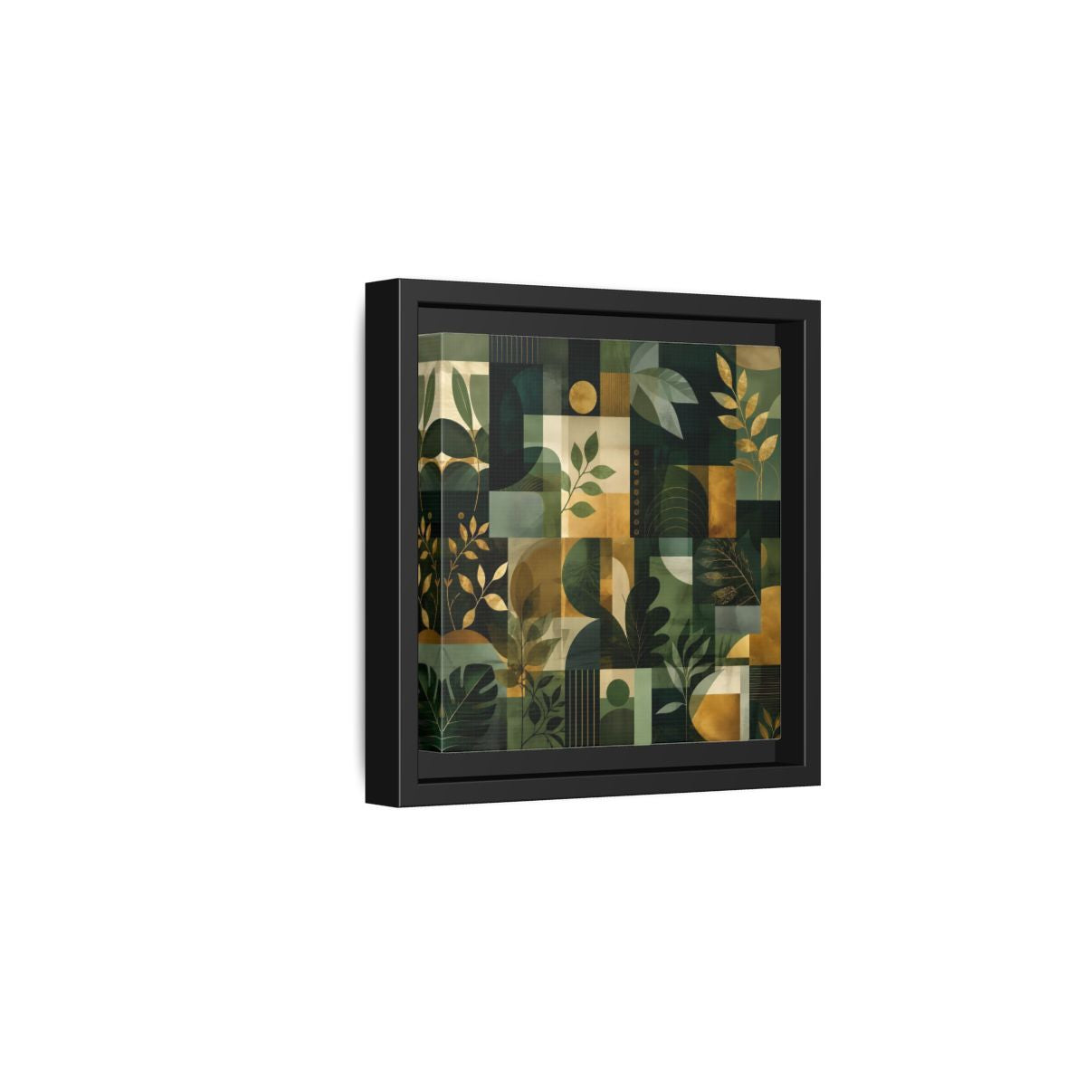 Side Mockup 3. Nature Botanical Leaves Green Gold Abstract shown as stretched canvas wall art