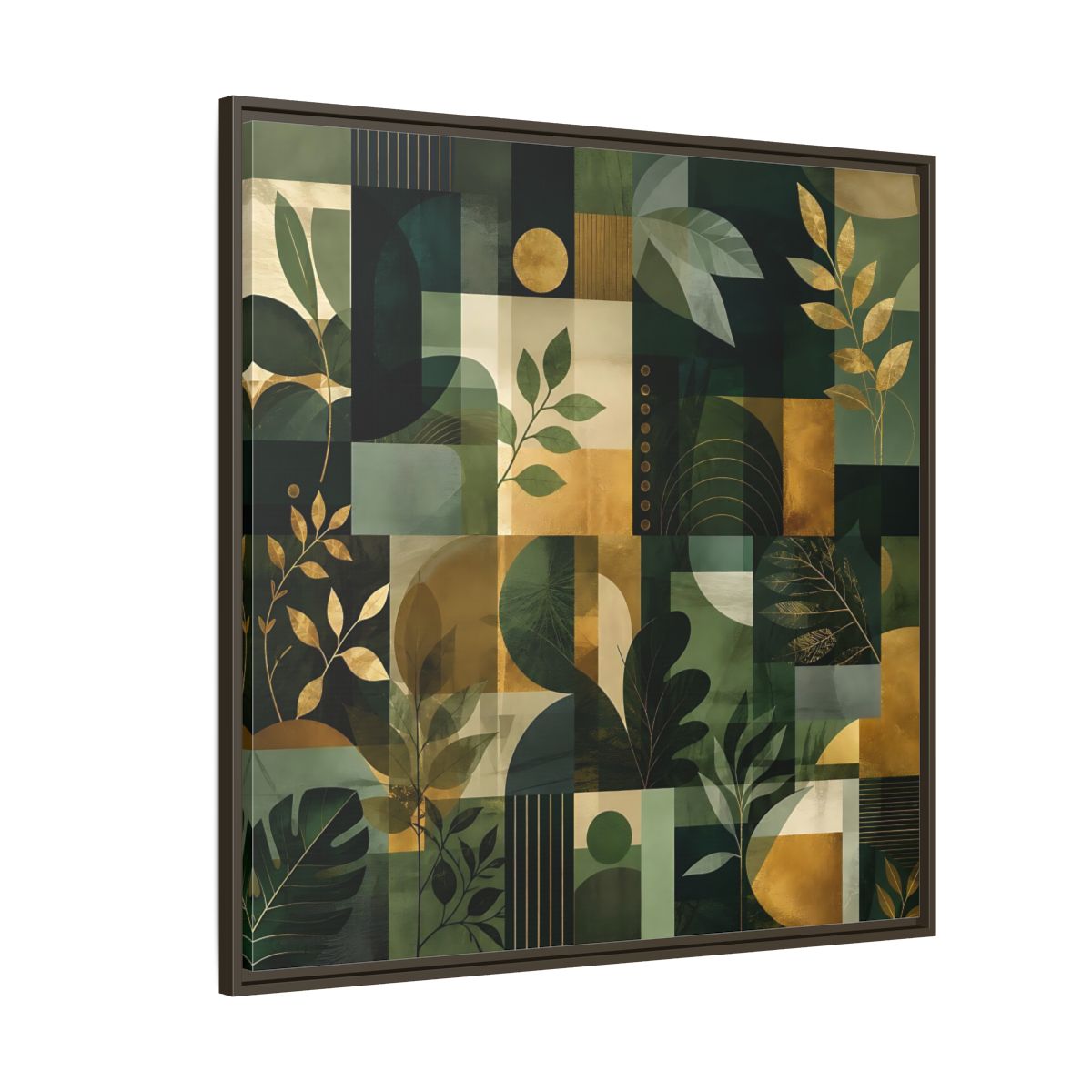 Side Mockup 5. Nature Botanical Leaves Green Gold Abstract shown as stretched canvas wall art
