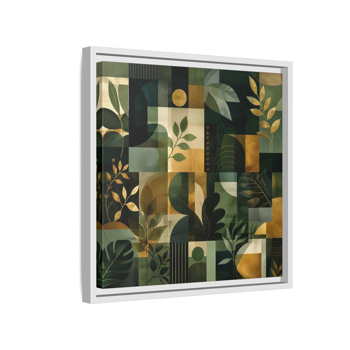 Side Mockup 13. Nature Botanical Leaves Green Gold Abstract shown as stretched canvas wall art