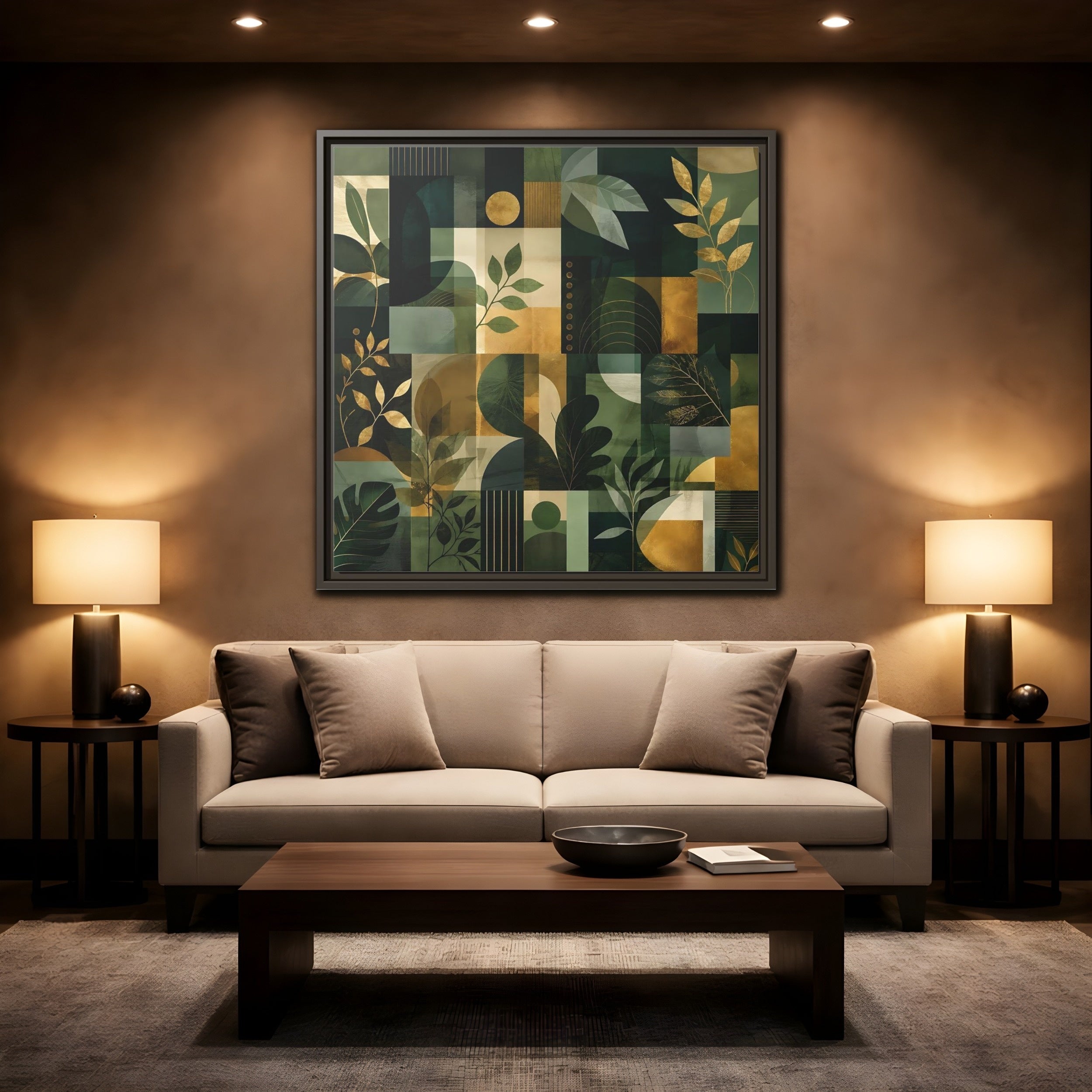 Mockup 2. Nature Botanical Leaves Green Gold Abstract shown as stretched canvas wall art