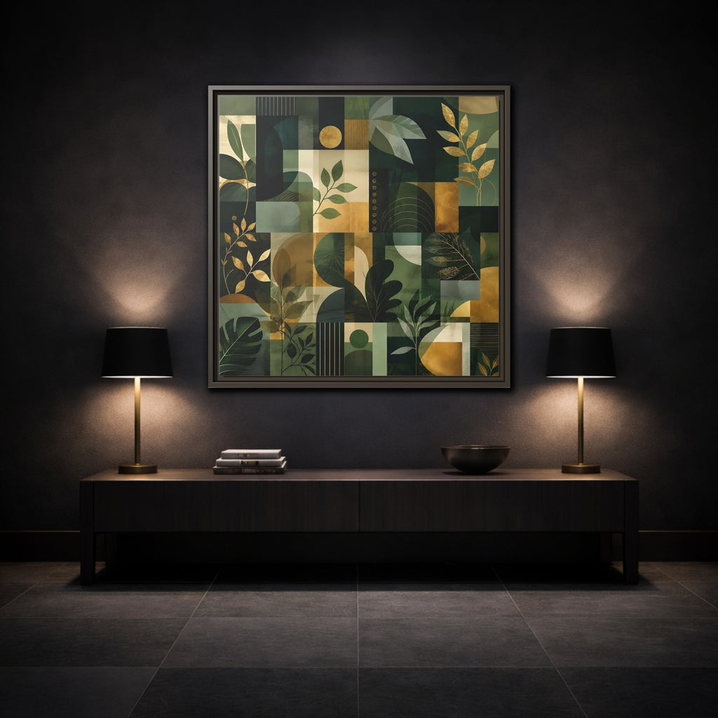 Mockup 3. Nature Botanical Leaves Green Gold Abstract shown as stretched canvas wall art