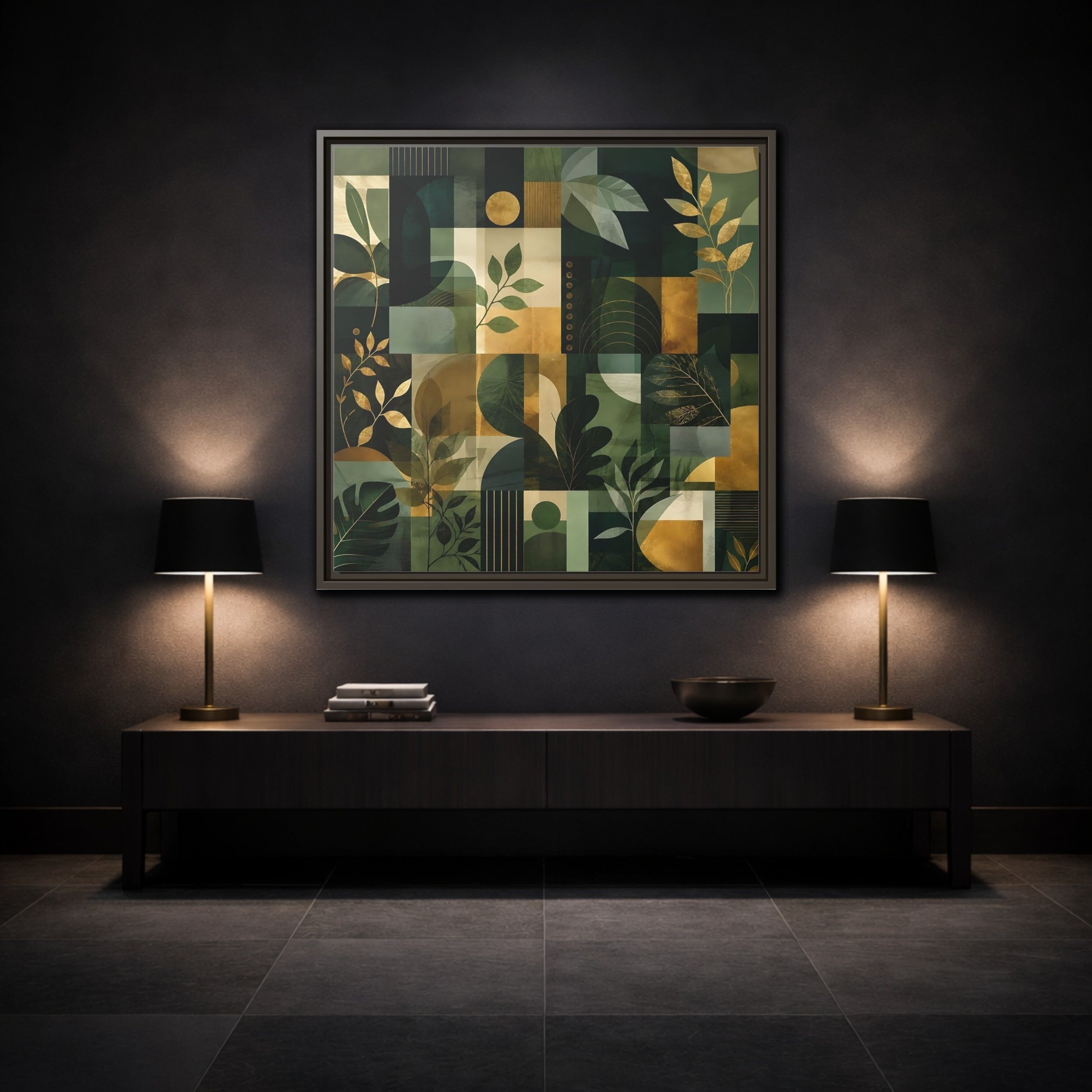 Mockup 3. Nature Botanical Leaves Green Gold Abstract shown as stretched canvas wall art