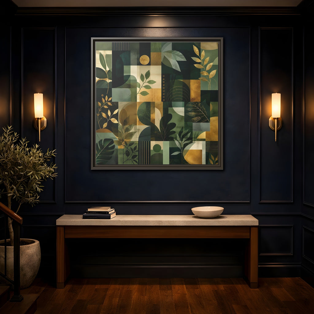 Mockup 4. Nature Botanical Leaves Green Gold Abstract shown as stretched canvas wall art
