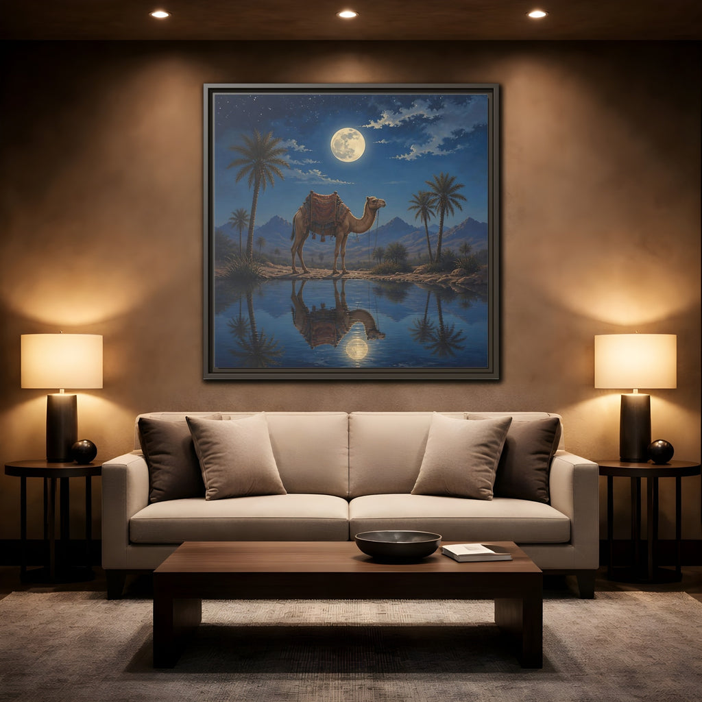 Mockup 2. Nature Camel Desert Night Camel shown as stretched canvas wall art