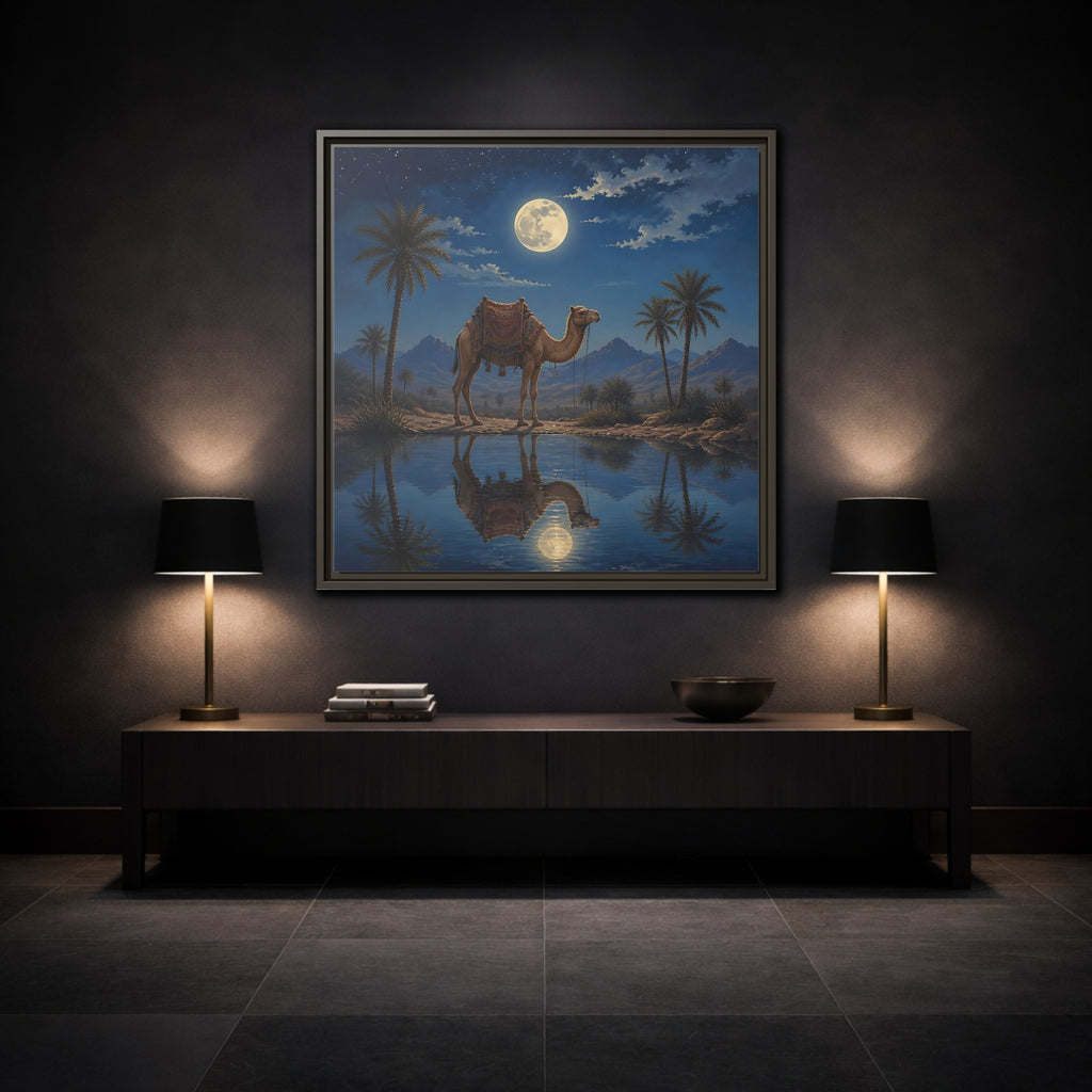 Mockup 3. Nature Camel Desert Night Camel shown as stretched canvas wall art