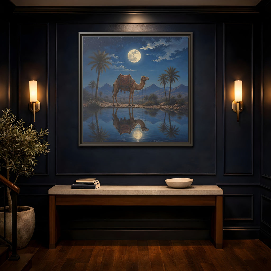 Mockup 4. Nature Camel Desert Night Camel shown as stretched canvas wall art