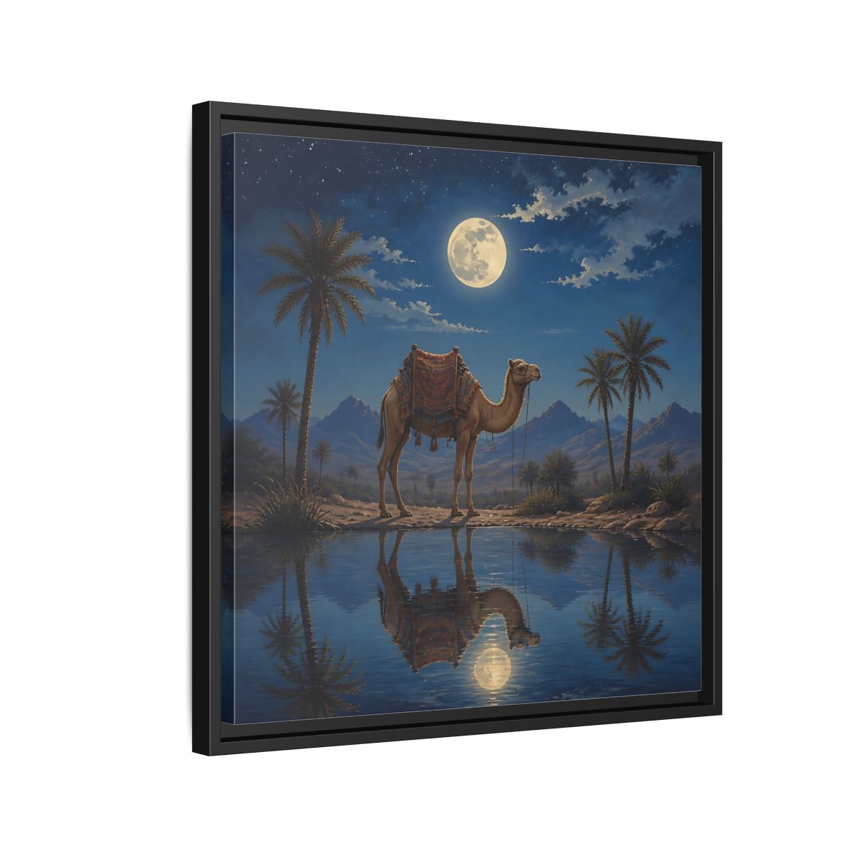 Side Mockup 12. Nature Camel Desert Night Camel shown as stretched canvas wall art