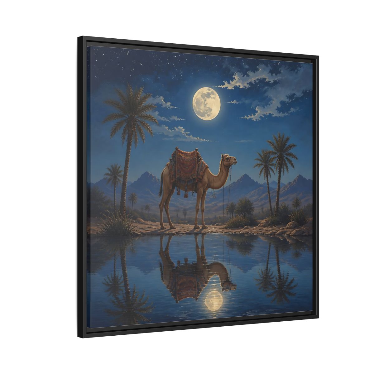 Side Mockup 9. Nature Camel Desert Night Camel shown as stretched canvas wall art