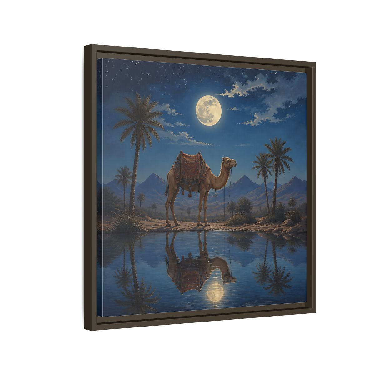 Side Mockup 11. Nature Camel Desert Night Camel shown as stretched canvas wall art