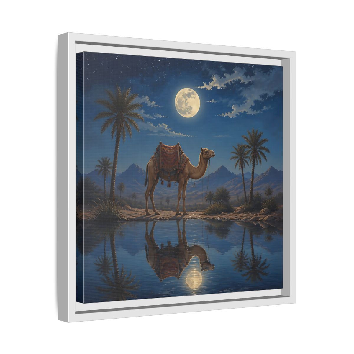 Side Mockup 28. Nature Camel Desert Night Camel shown as stretched canvas wall art