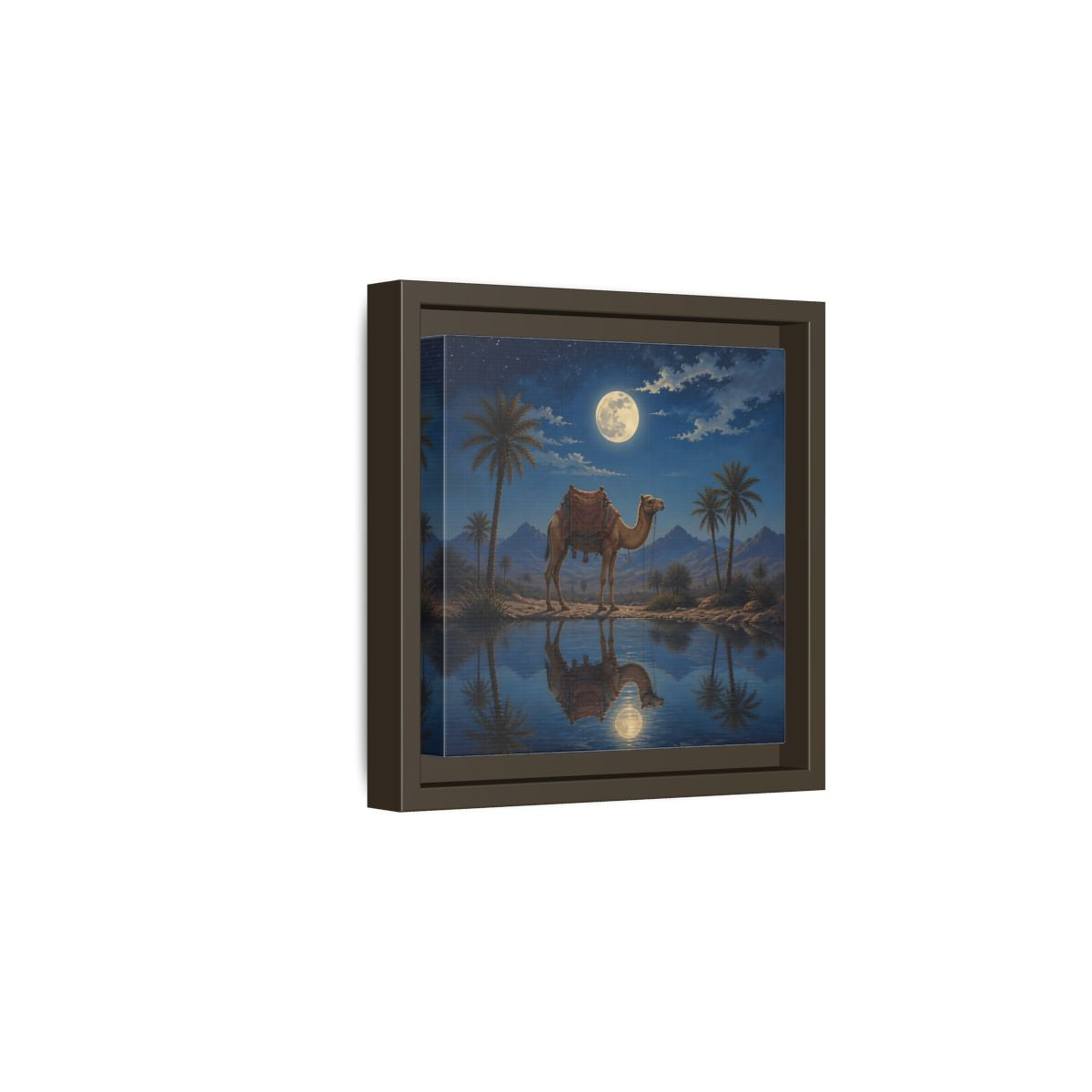 Side Mockup 2. Nature Camel Desert Night Camel shown as stretched canvas wall art