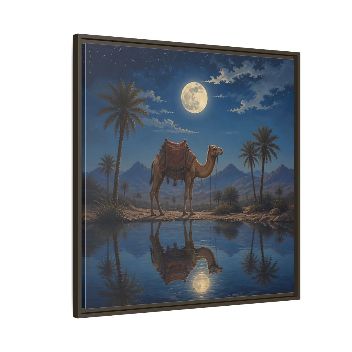 Side Mockup 8. Nature Camel Desert Night Camel shown as stretched canvas wall art