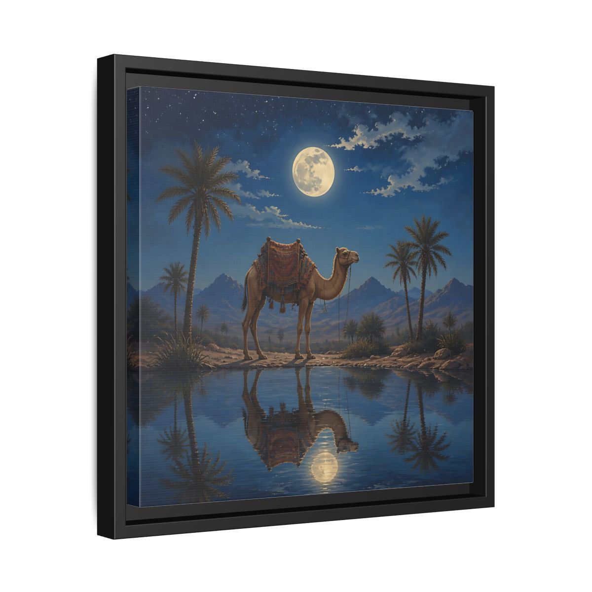 Side Mockup 32. Nature Camel Desert Night Camel shown as stretched canvas wall art