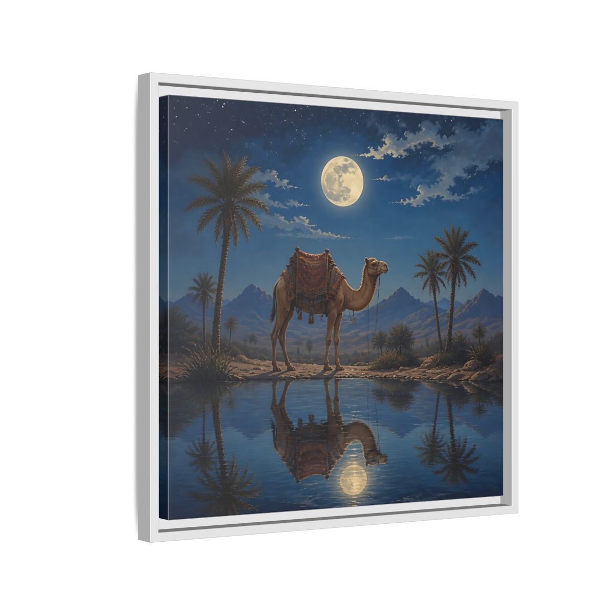 Side Mockup 10. Nature Camel Desert Night Camel shown as stretched canvas wall art
