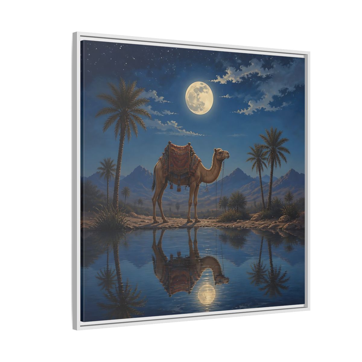 Side Mockup 4. Nature Camel Desert Night Camel shown as stretched canvas wall art