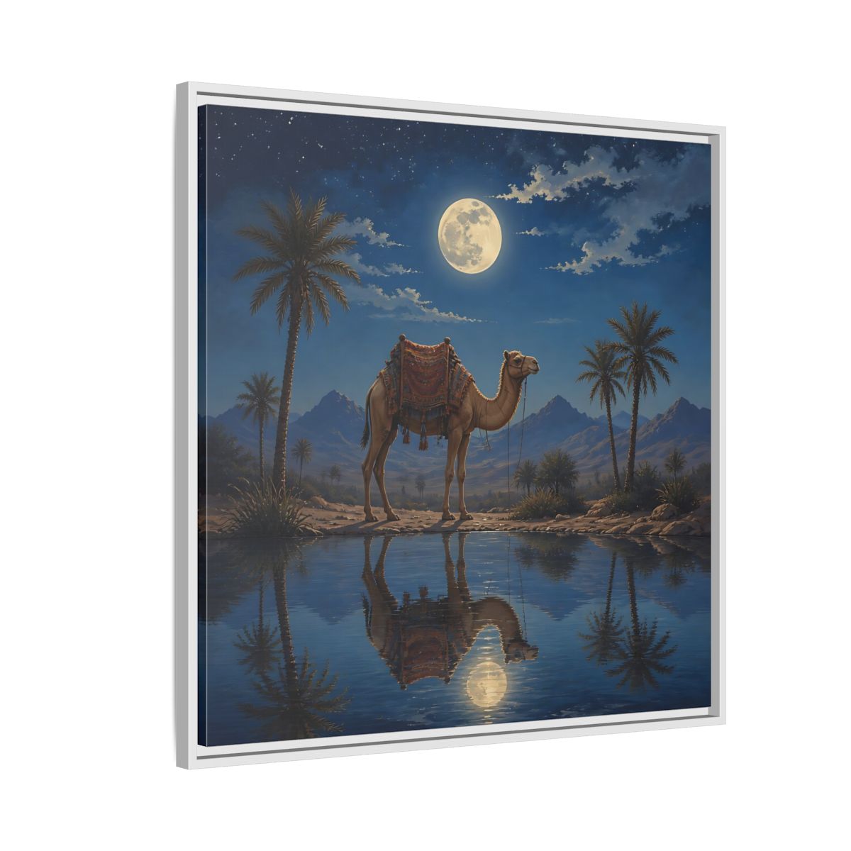 Side Mockup 7. Nature Camel Desert Night Camel shown as stretched canvas wall art