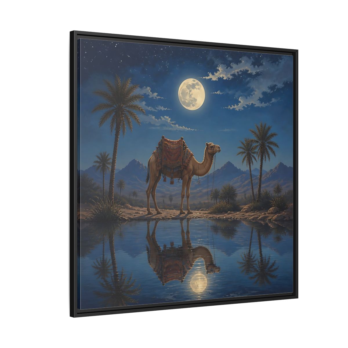 Side Mockup 6. Nature Camel Desert Night Camel shown as stretched canvas wall art