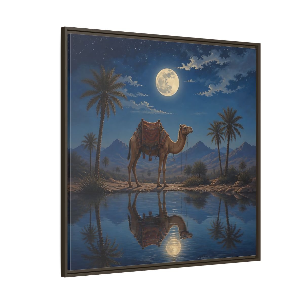 Side Mockup 5. Nature Camel Desert Night Camel shown as stretched canvas wall art