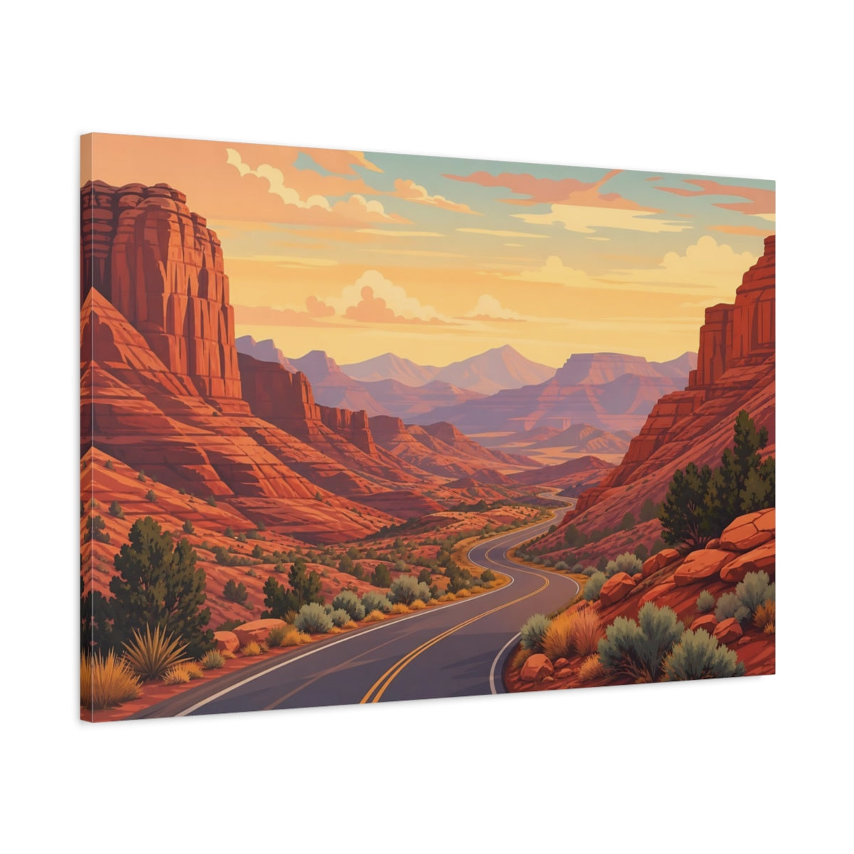 Main Mockup. Nature Canyon Road Warm Desert Landscape shown as stretched canvas wall art