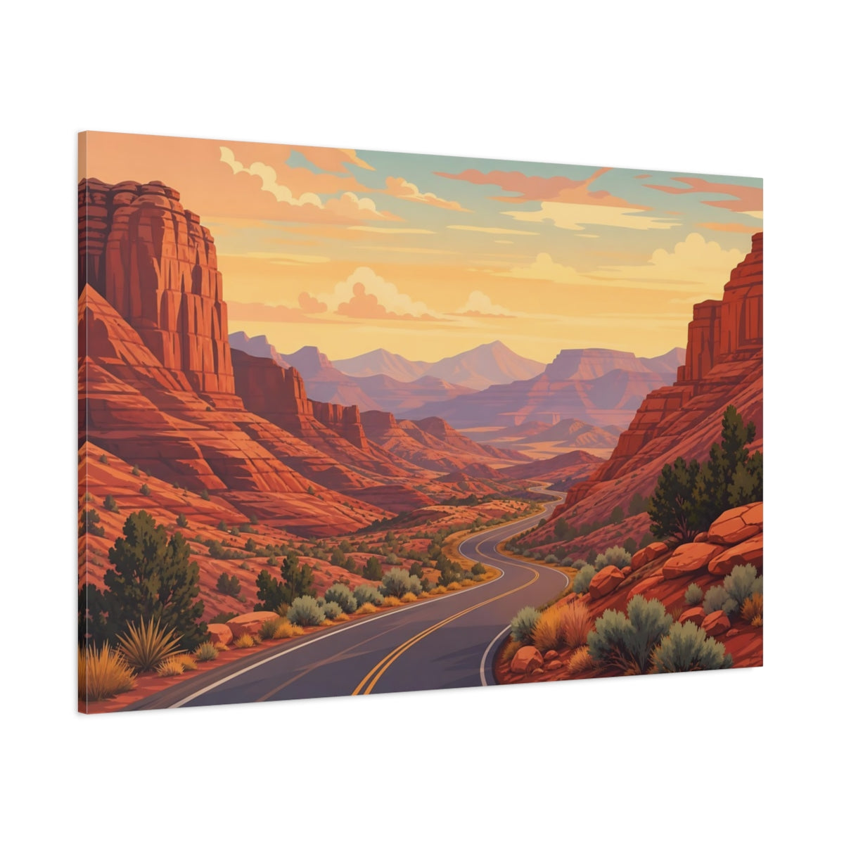 Side Mockup 1. Nature Canyon Road Warm Desert Landscape shown as stretched canvas wall art