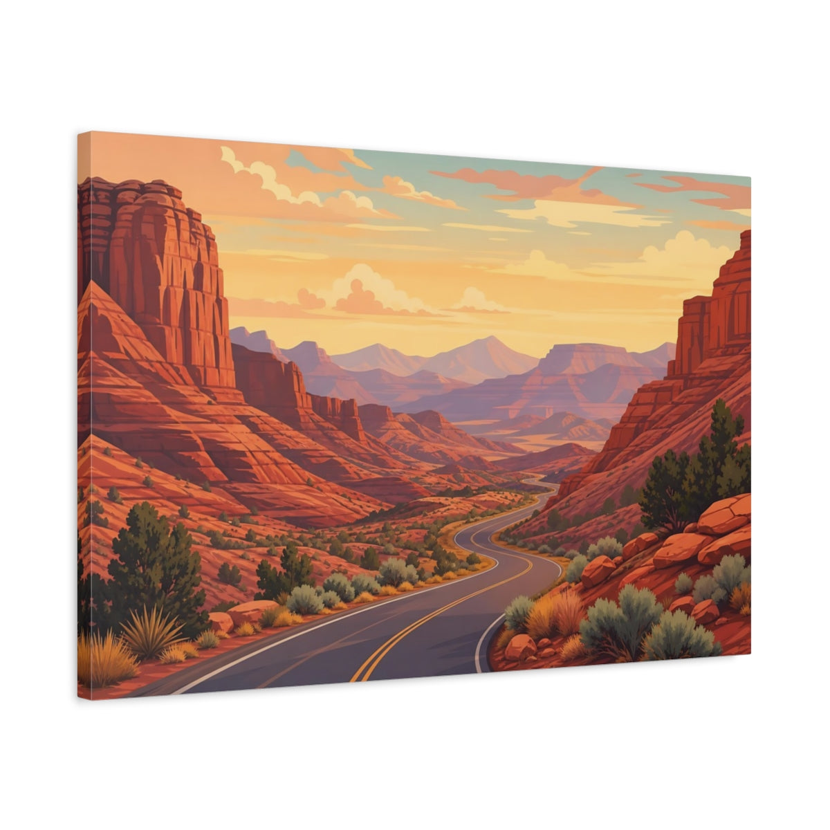 Side Mockup 2. Nature Canyon Road Warm Desert Landscape shown as stretched canvas wall art