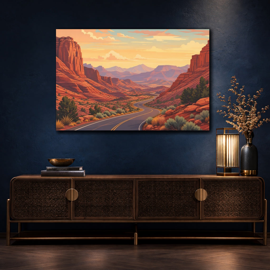 Mockup 4. Nature Canyon Road Warm Desert Landscape shown as stretched canvas wall art