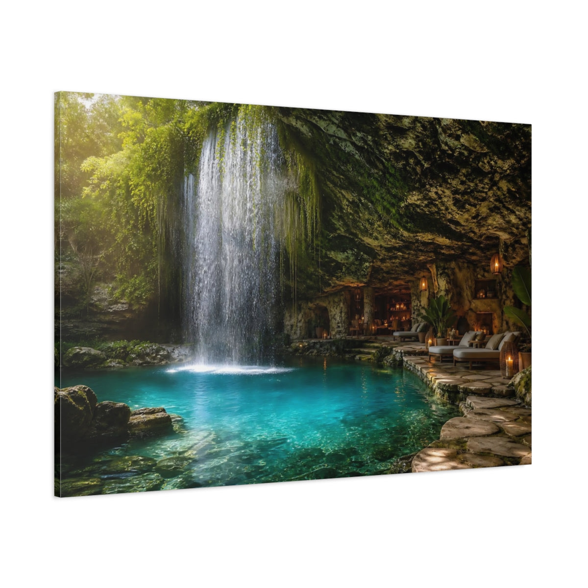 Side Mockup 1. Nature Cave Waterfall Tropical Cave Waterfall shown as stretched canvas wall art