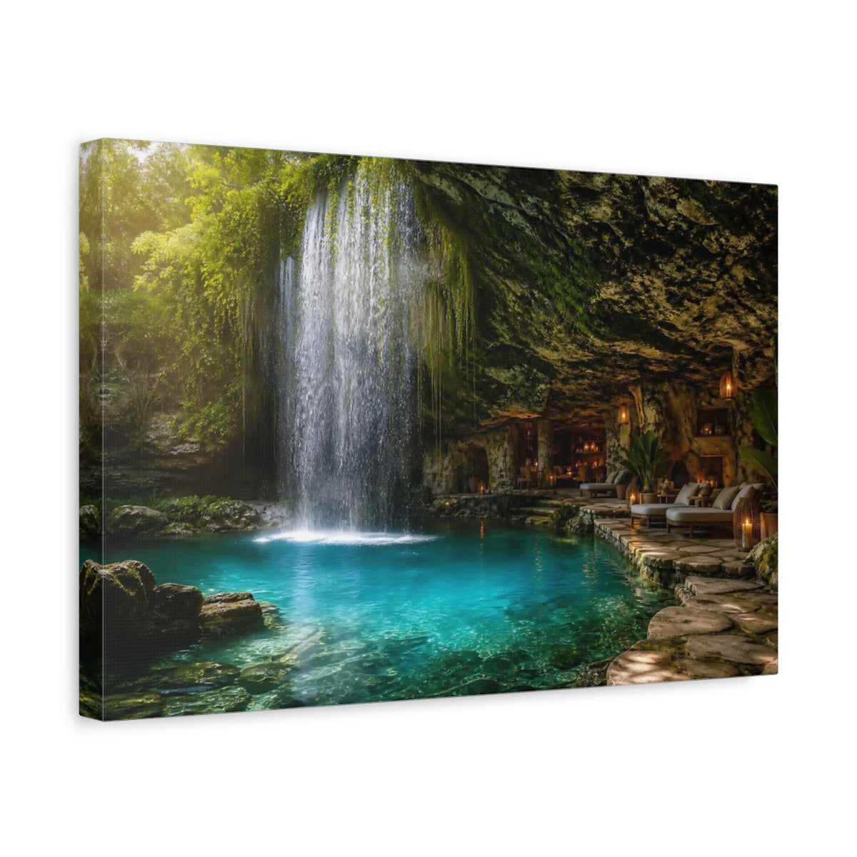 Side Mockup 4. Nature Cave Waterfall Tropical Cave Waterfall shown as stretched canvas wall art