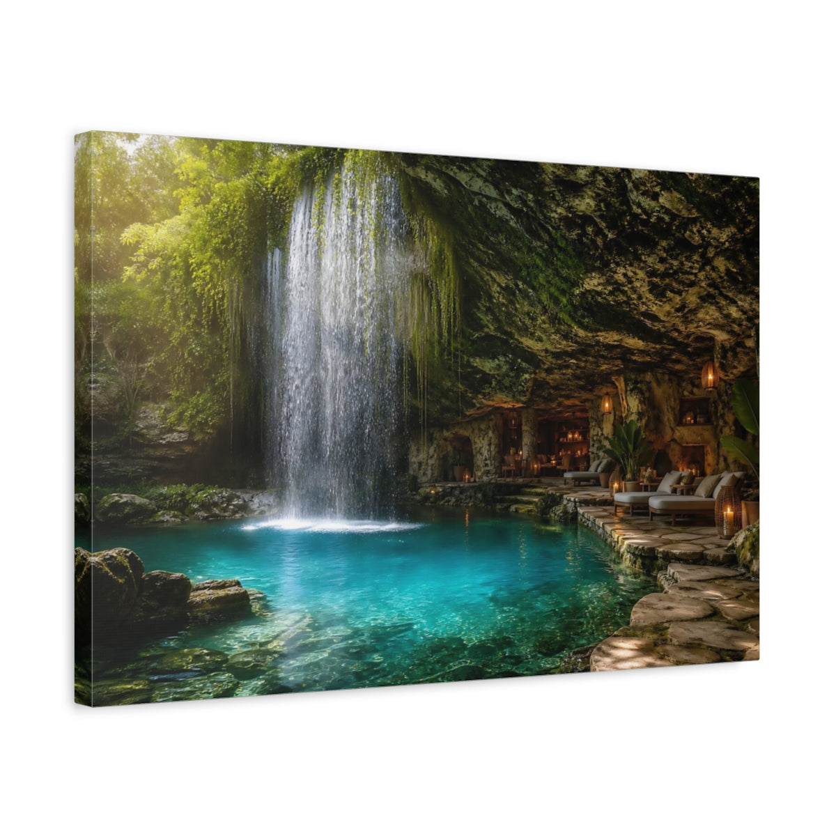 Side Mockup 3. Nature Cave Waterfall Tropical Cave Waterfall shown as stretched canvas wall art