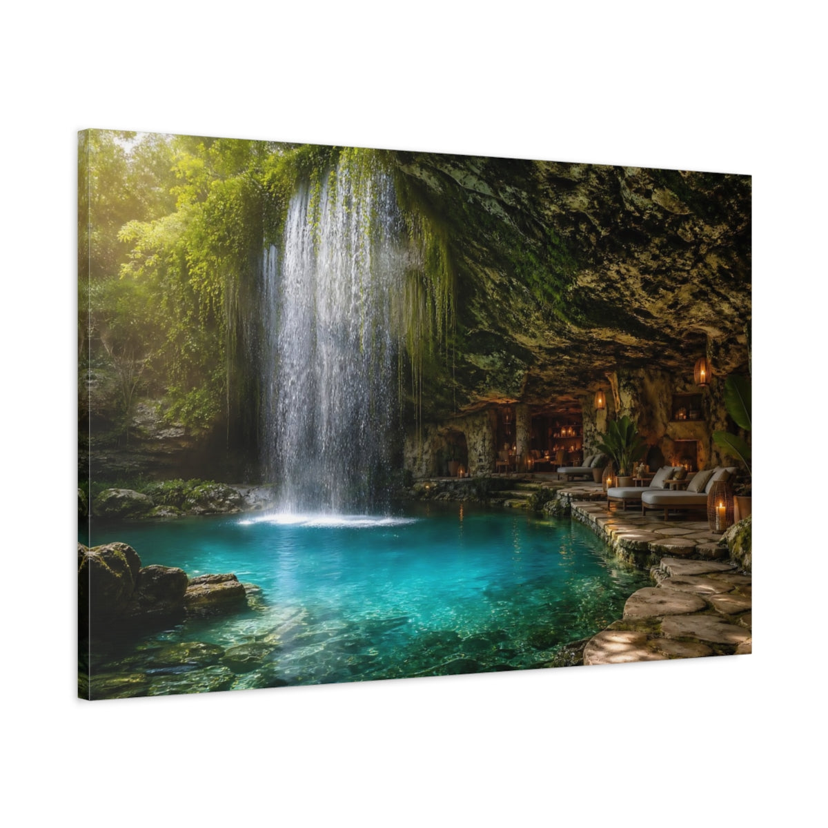 Main Mockup. Nature Cave Waterfall Tropical Cave Waterfall shown as stretched canvas wall art
