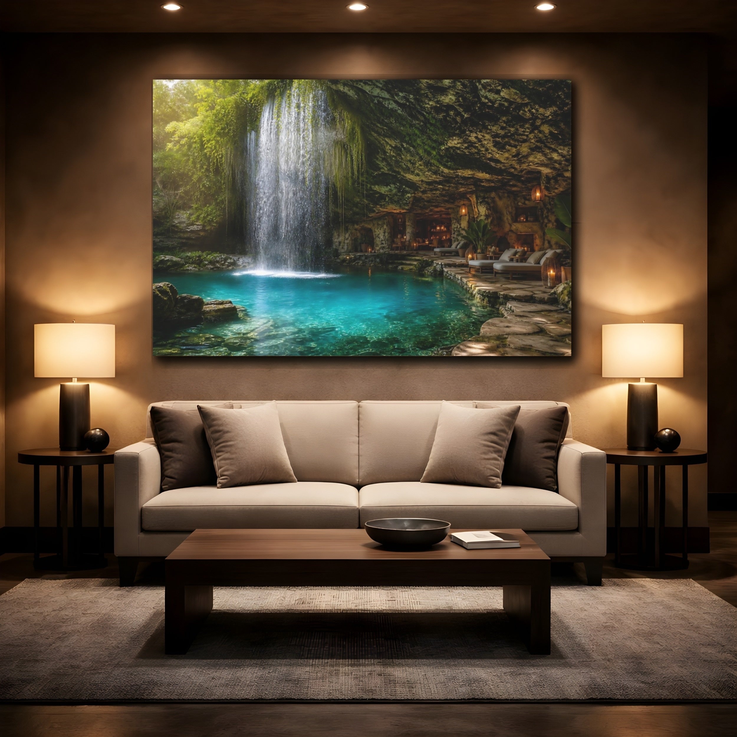 Mockup 2. Nature Cave Waterfall Tropical Cave Waterfall shown as stretched canvas wall art