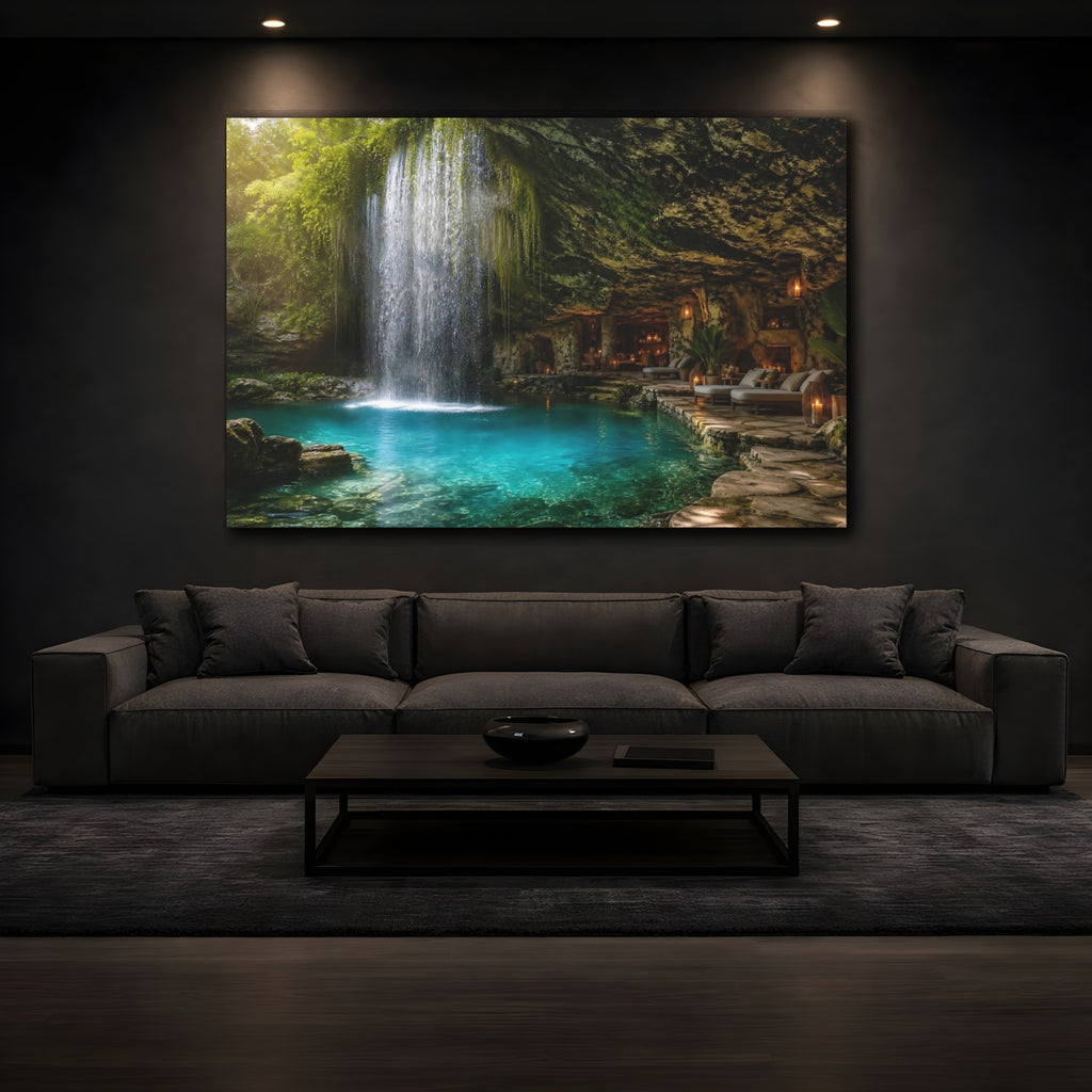 Mockup 3. Nature Cave Waterfall Tropical Cave Waterfall shown as stretched canvas wall art