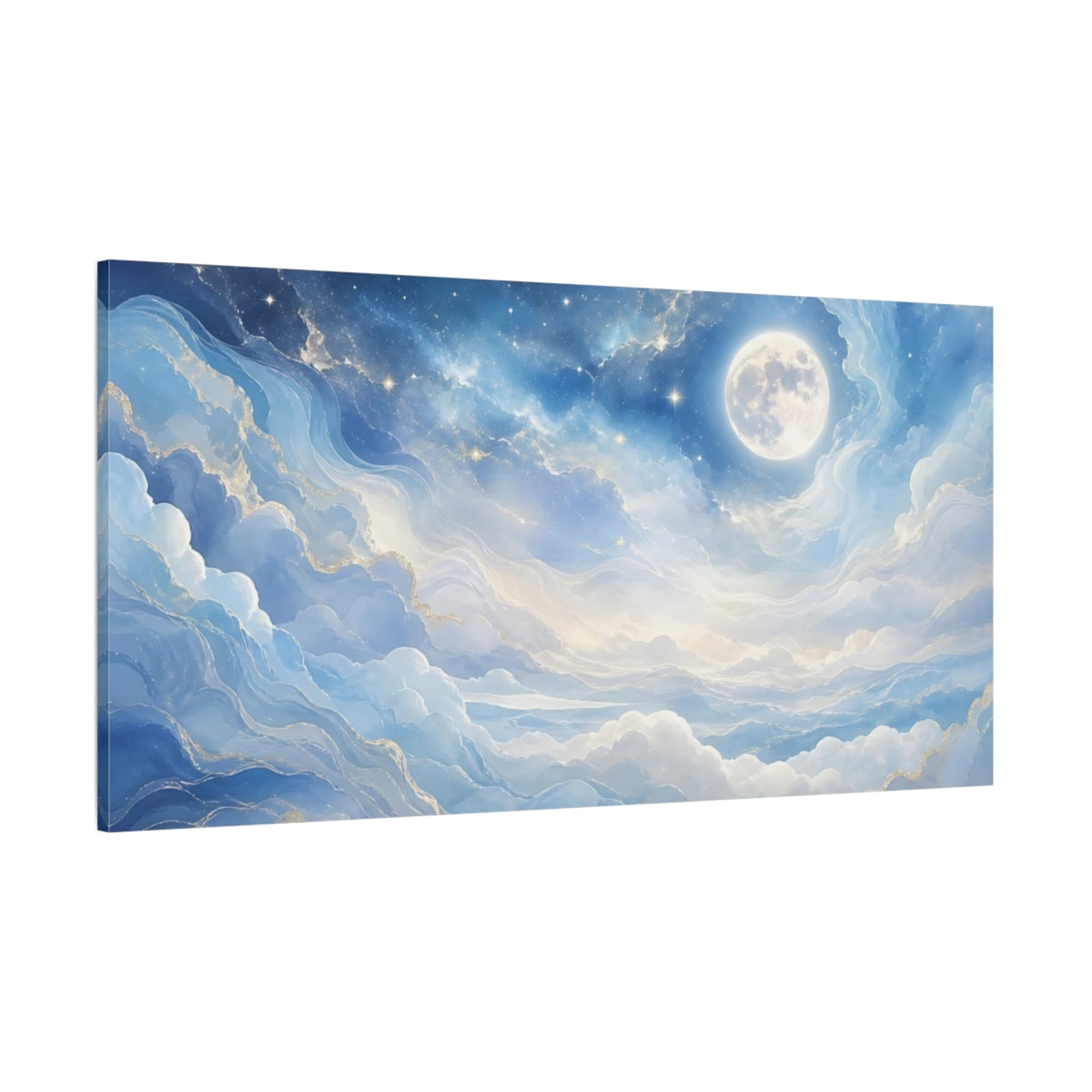 Side Mockup 2. Nature Celestial Moon Blue Gold shown as stretched canvas wall art