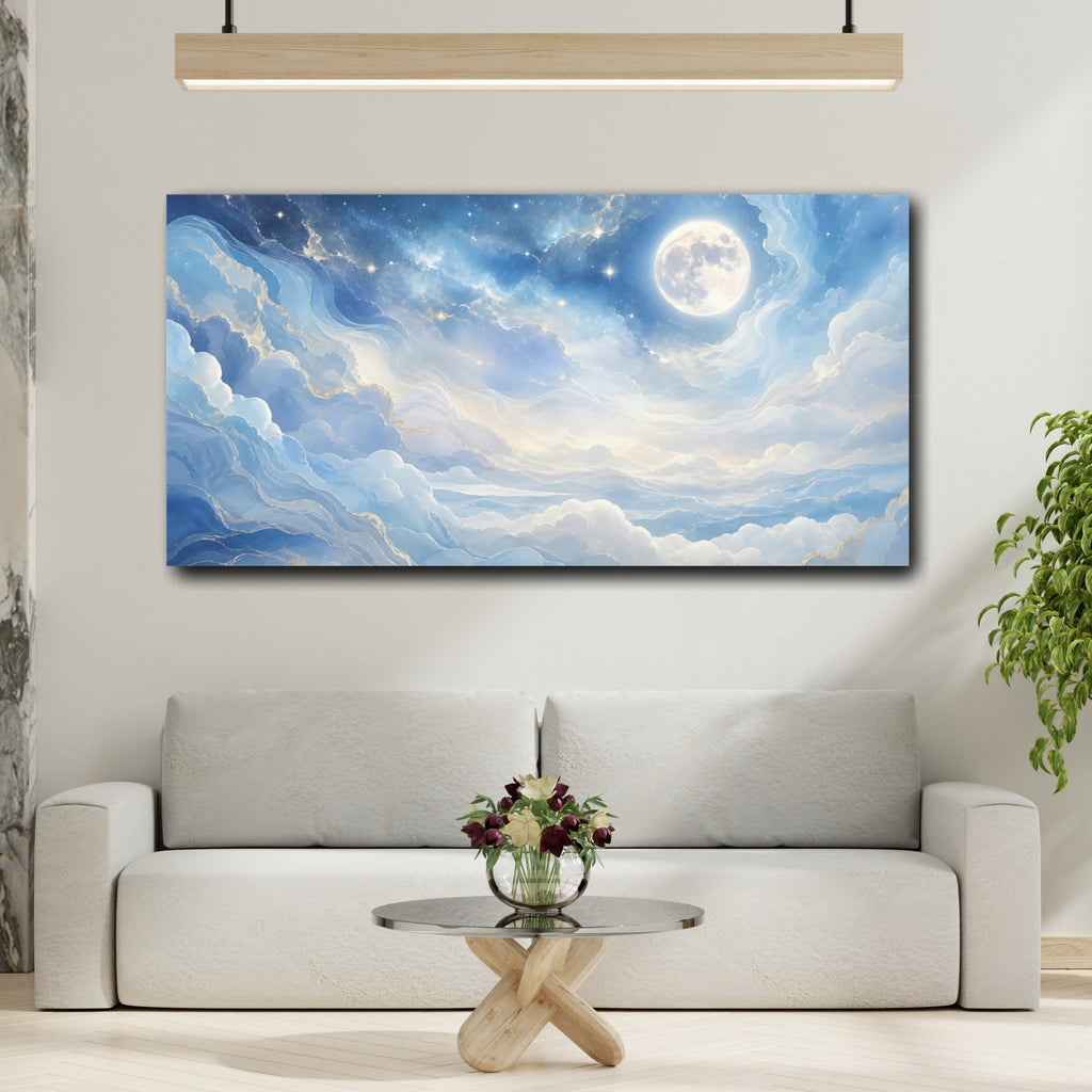 Mockup 2. Nature Celestial Moon Blue Gold shown as stretched canvas wall art