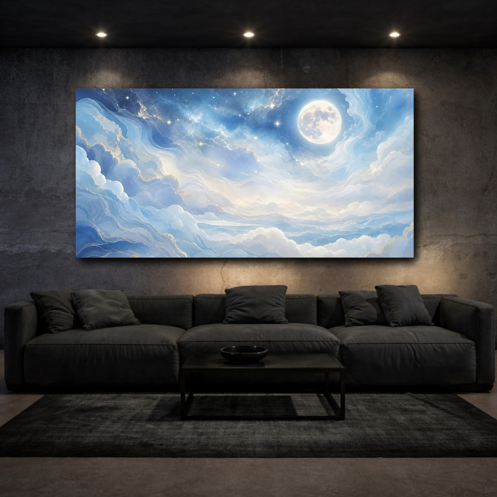 Mockup 3. Nature Celestial Moon Blue Gold shown as stretched canvas wall art