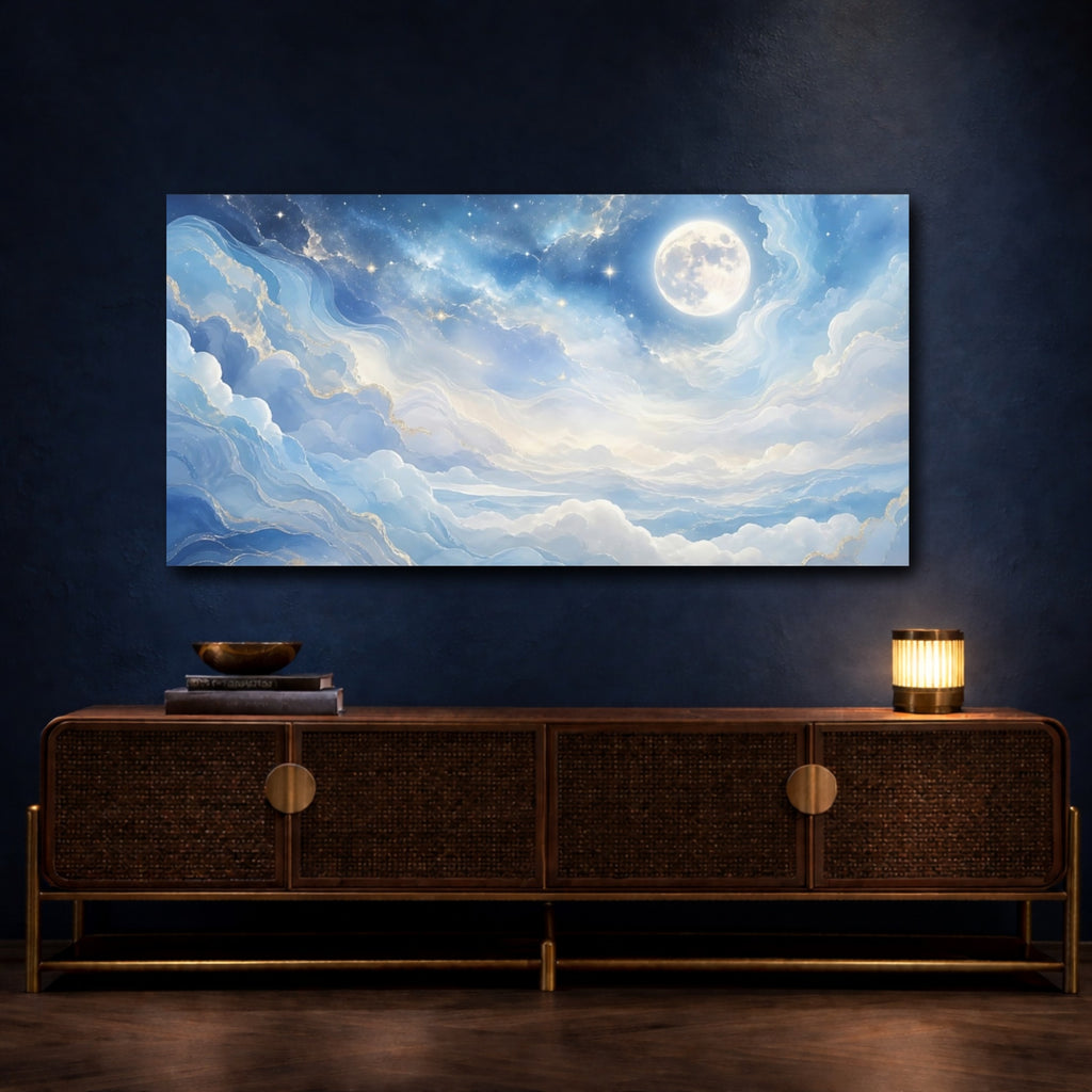 Mockup 4. Nature Celestial Moon Blue Gold shown as stretched canvas wall art