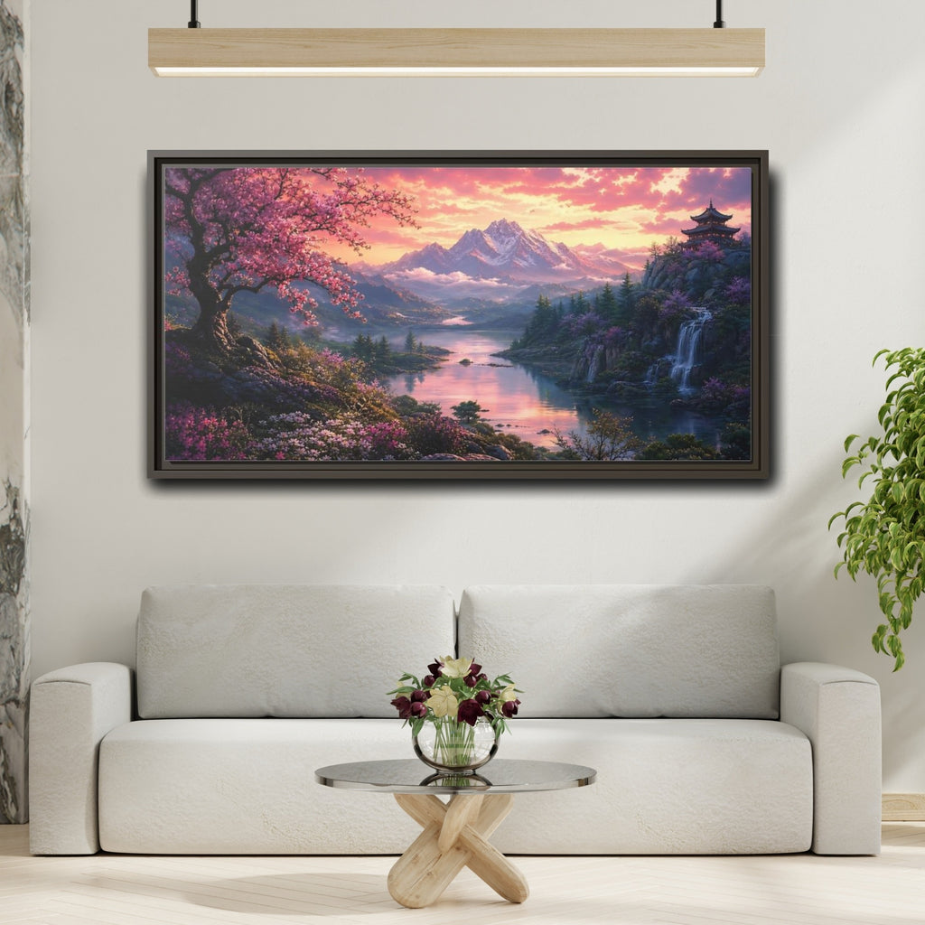 Mockup 2. Nature Cherry Blossoms Pink Cherry Blossom shown as stretched canvas wall art